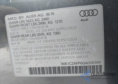 2016 Audi Q5 2.0T Premium z USA, uszkodzony, nr VIN WA1C2AFP6GA006398